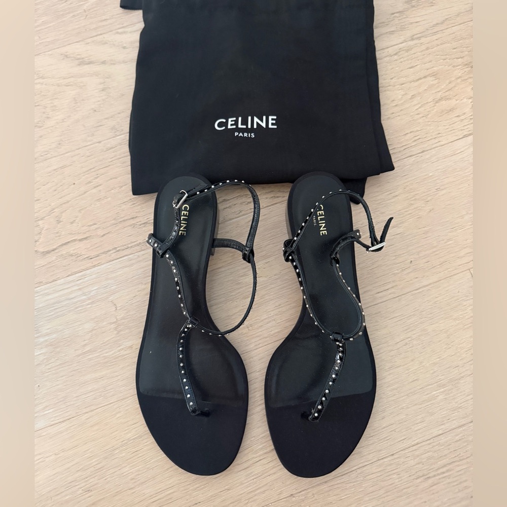 Celine Black Studded T-Strap Leather Sandals - Picture 1 of 3
